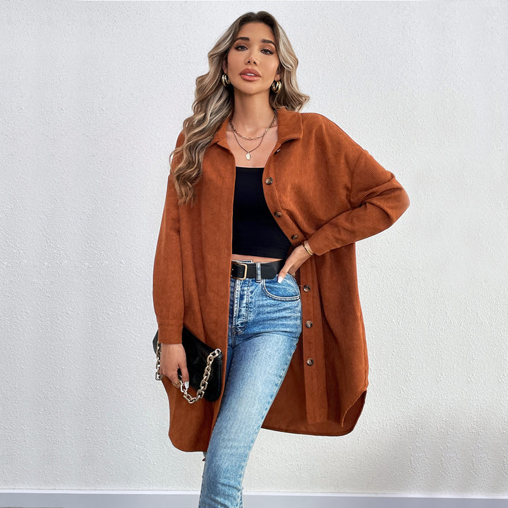 Veste chemise à manches longues pour femmes en corduroy doux avec patte de boutonnage Chic & Stil