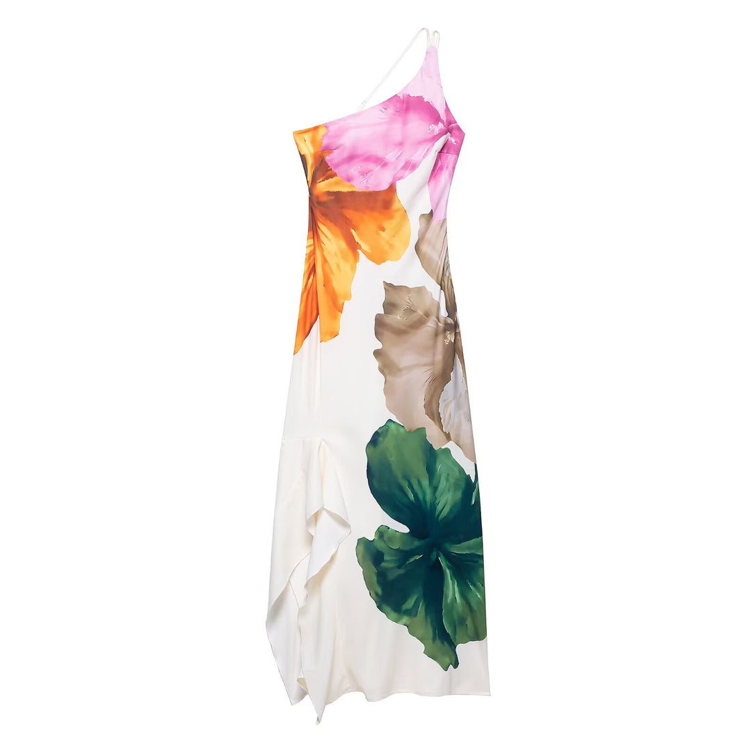 Maxi dress for women with asymmetric cut and floral design Lune London