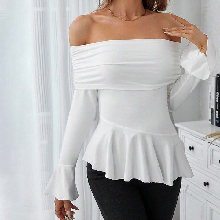 Haut Femmes Bretelles Dégagées avec Volants Stylés et Manches Longues Chic & Stil