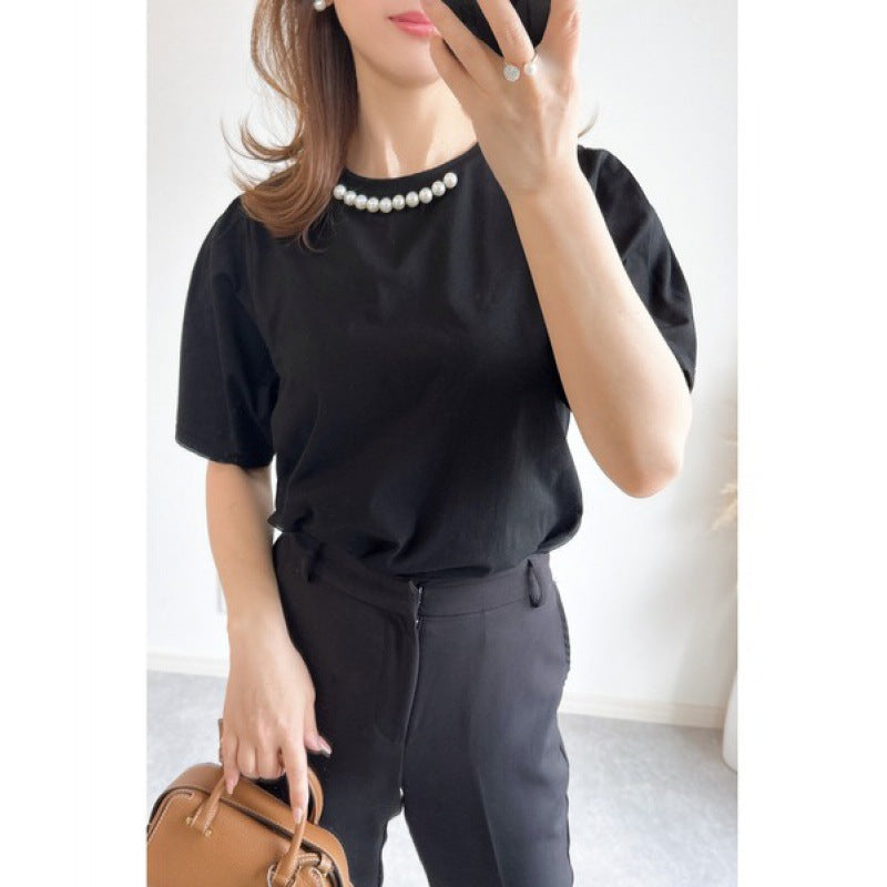 Ladies Elegant short sleeve top with pearl accents Lune London