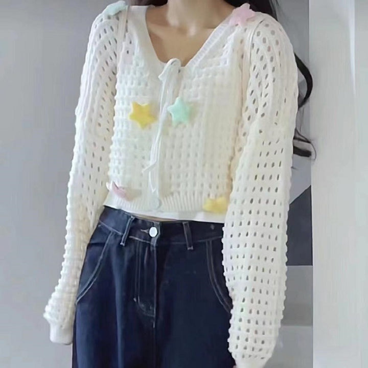 Ladies lightweight cardigan with colorful star appliqués and drawstring Lune London