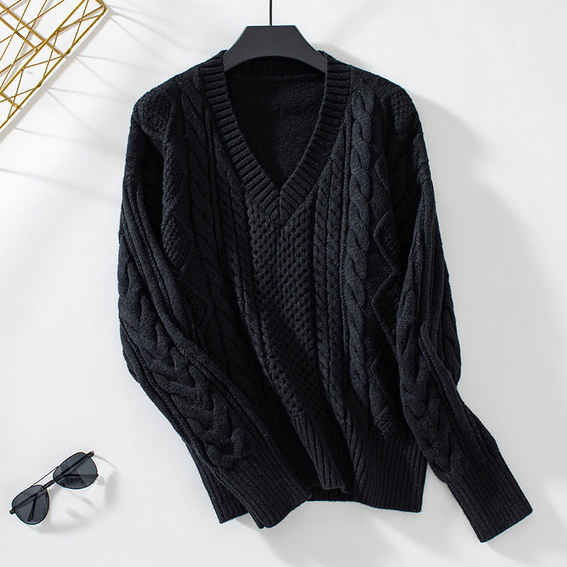 Women's knit sweater with deep V-neck and cable knit pattern Lune London