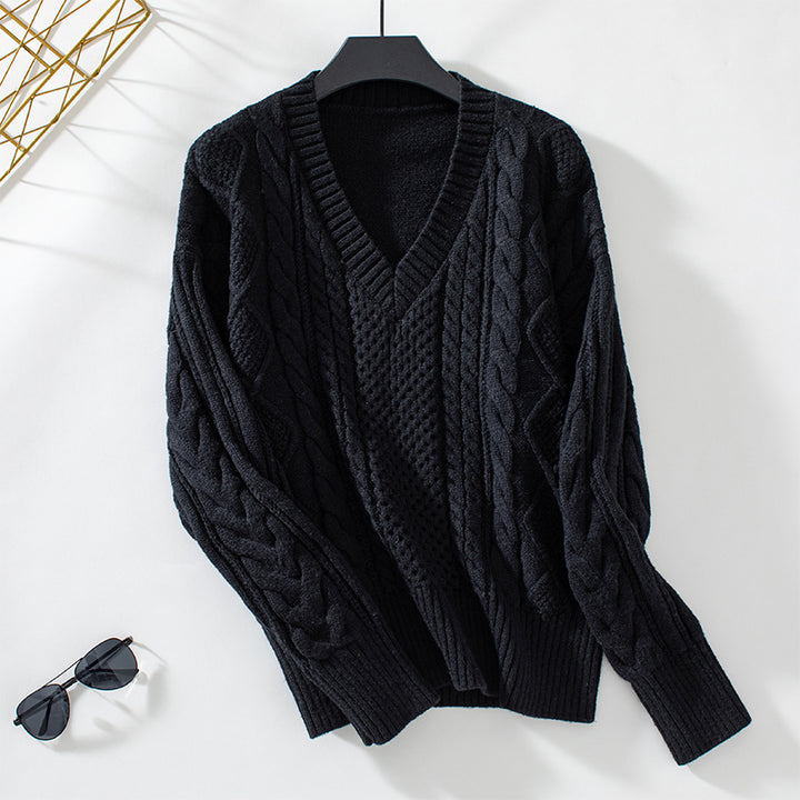 Women's knit sweater with deep V-neck and cable knit pattern Lune London