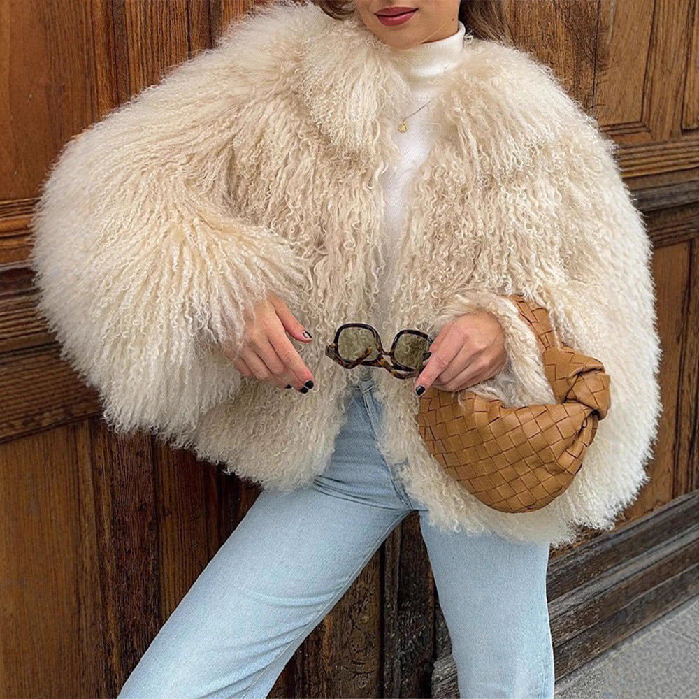 Ladies Elegant Faux Fur Coat with High Collar and Stylish Cut Lune London
