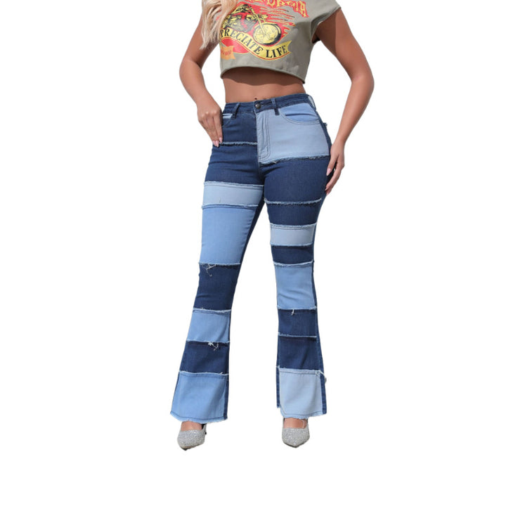 Women's bootcut jeans with a modern patchwork design and casual fringes Lune London
