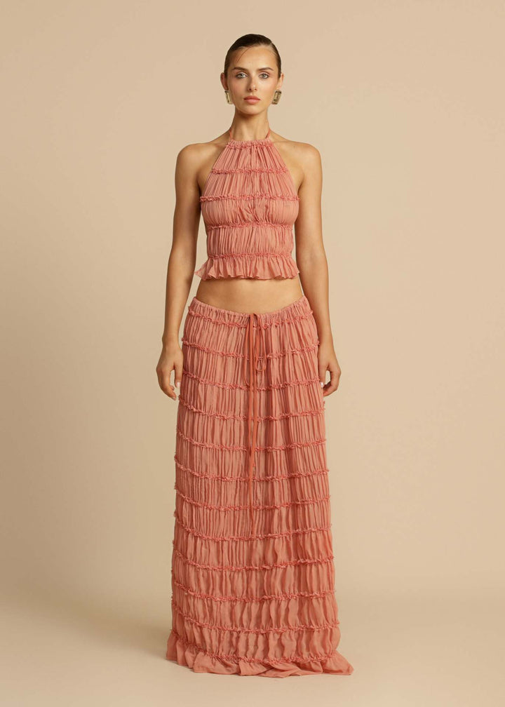 Maxi dress for women with gathered bodice and elegant cut at the waist Chic & Stil