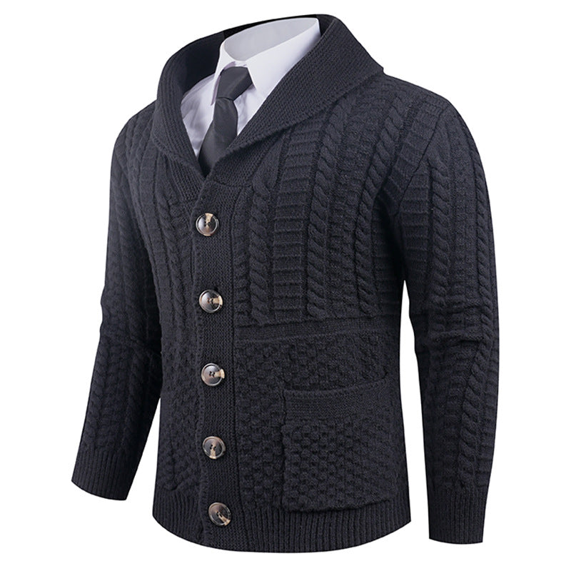 Men's knitted jacket with a modern shawl collar and practical buttons Lune London