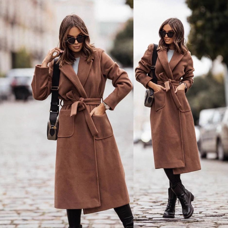 Ladies elegant wrap coat with practical pockets and adjustable belt Lune London