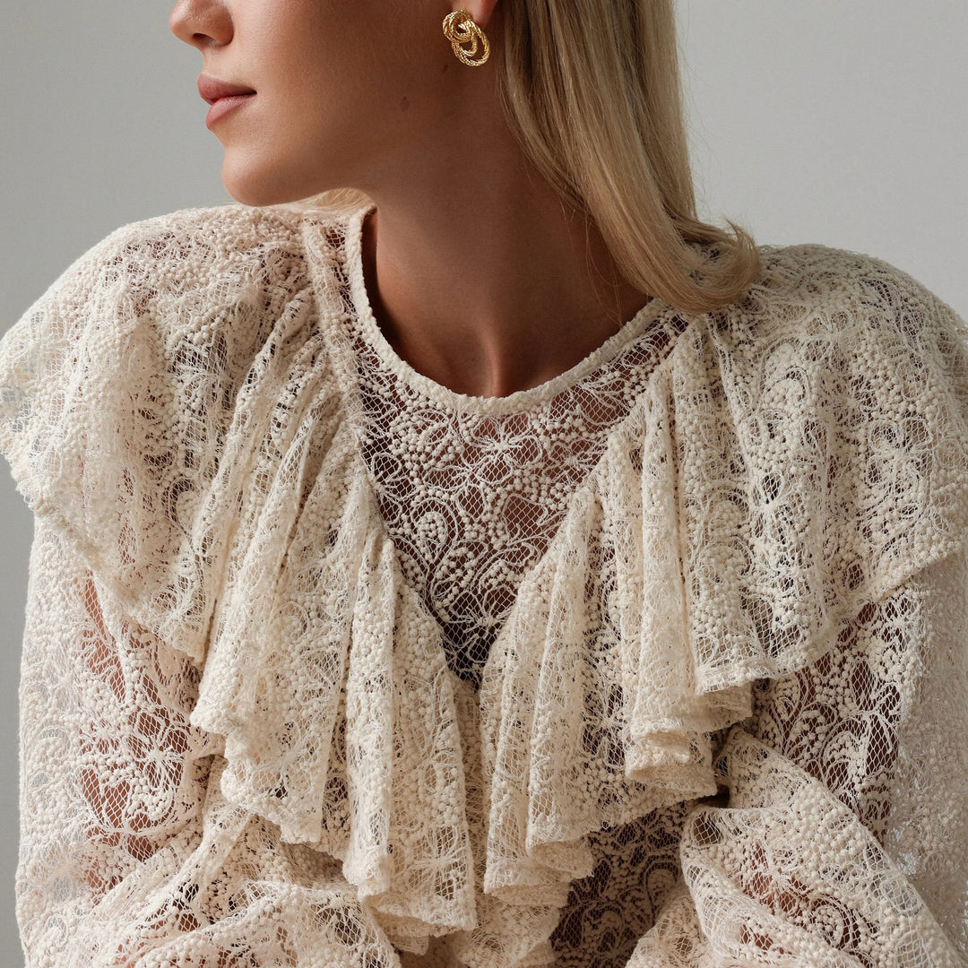 Blouse for women with voluminous ruffles and lace pattern Lune London