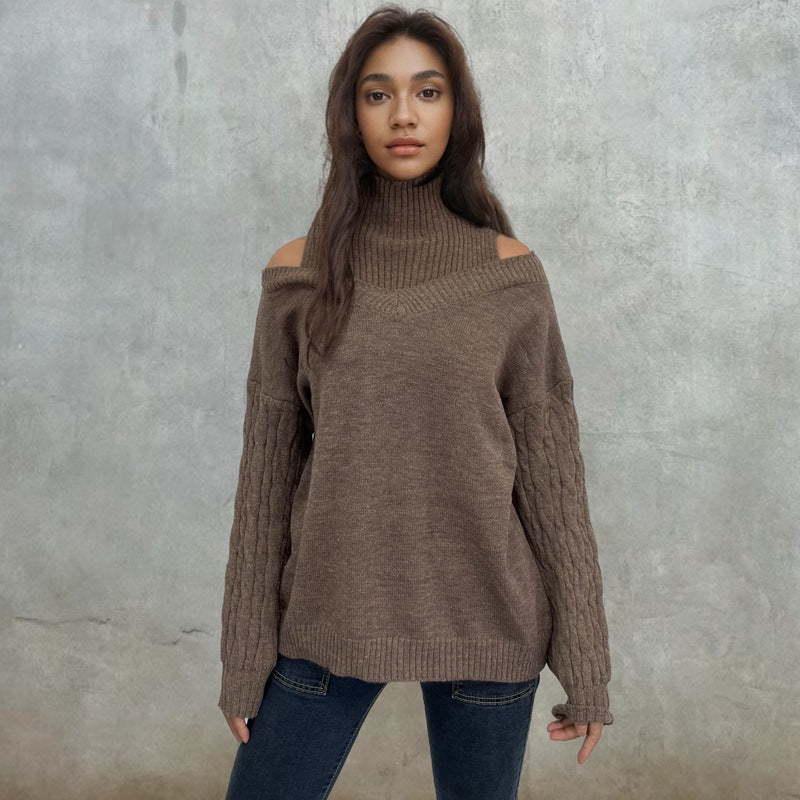 Knit sweater for ladies with an open shoulder design and an elegant high collar Lune London