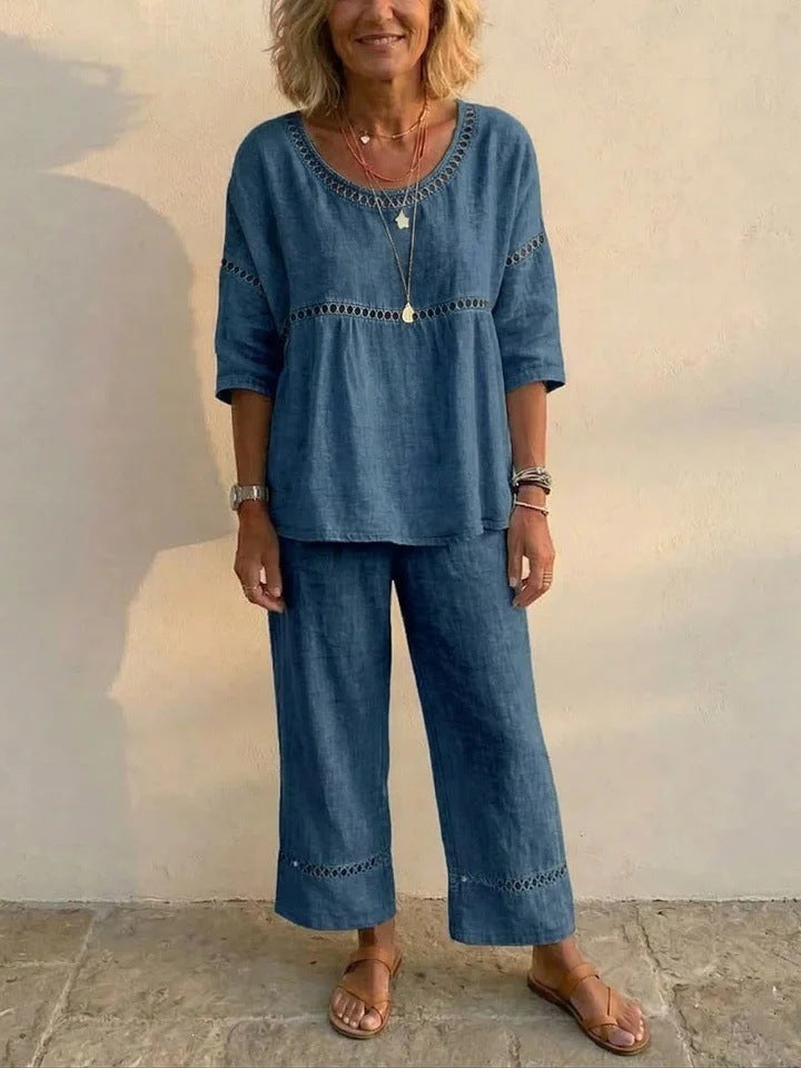 Women's Complete Linen Loungewear Suit with Airy Fit and Lace Accents Chic & Stil