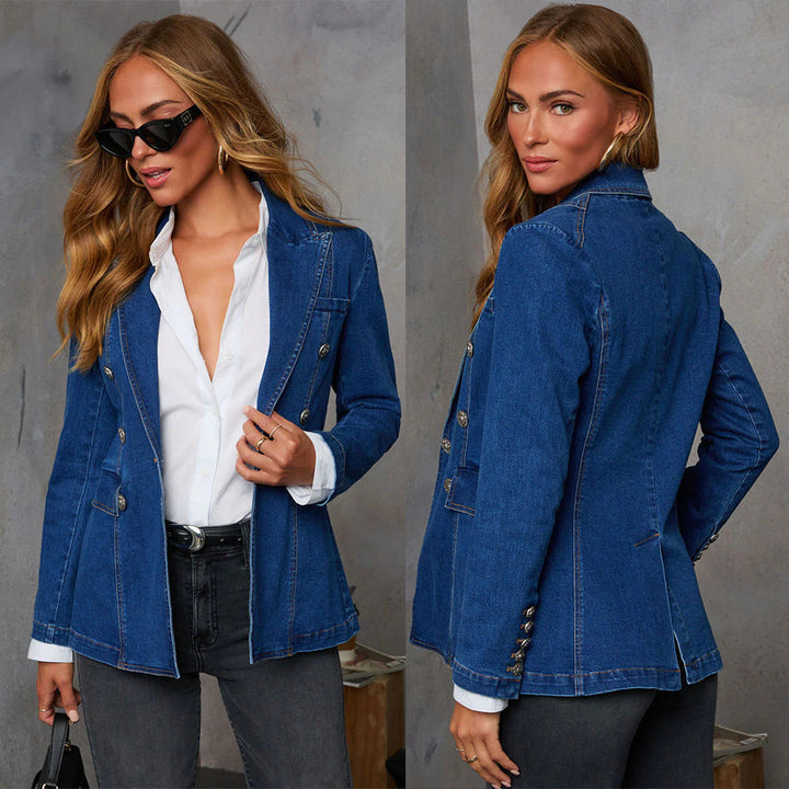Women's Denim Blazer In Elegant Double-Breasted Style Lune London