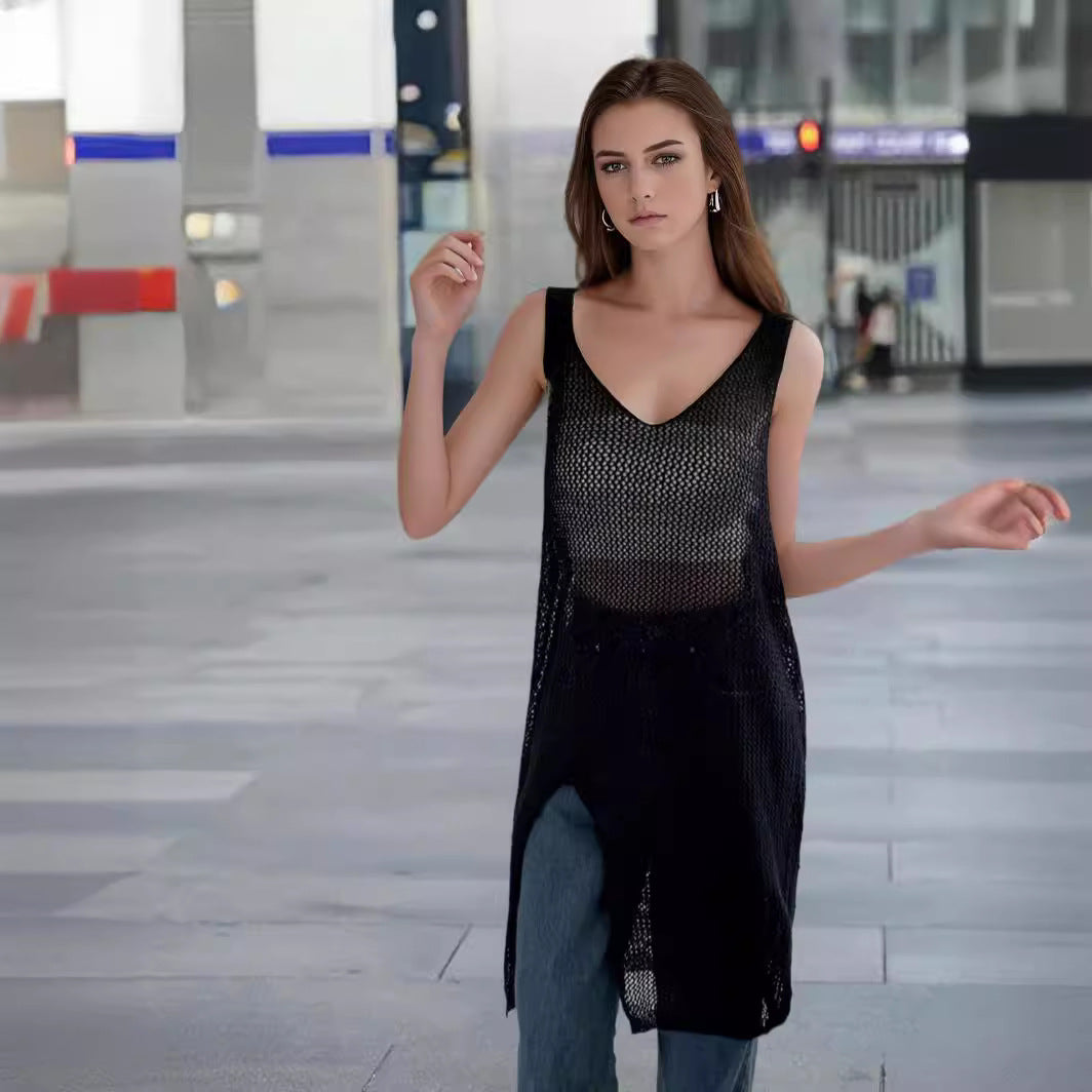 Airy knit dress for women with side slits and modern V-neck Lune London