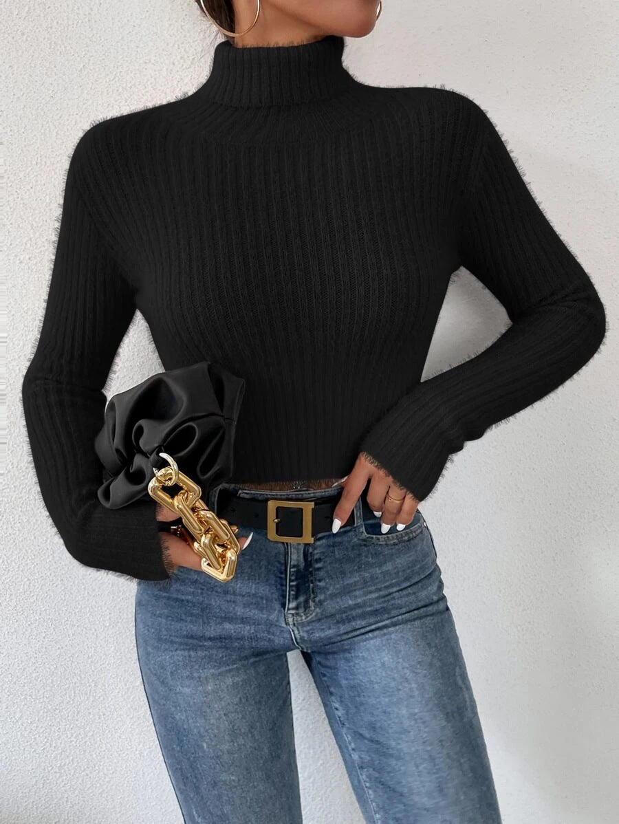 Ladies fine knit sweater with high collar and modern ribbed design Lune London