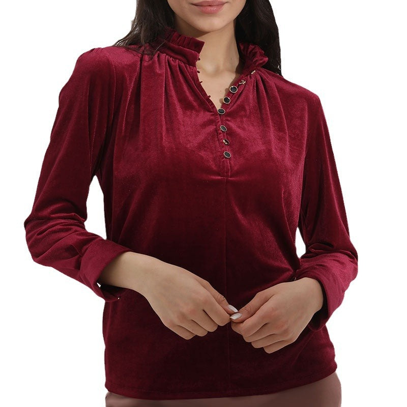 Ladies Elegant velvet top with gathered collar and button details Lune London