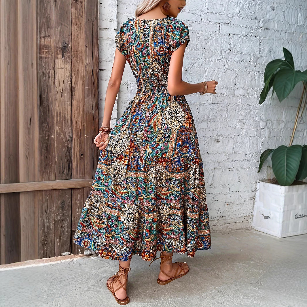 Bohemian maxi dress for women with gathered waist Lune London