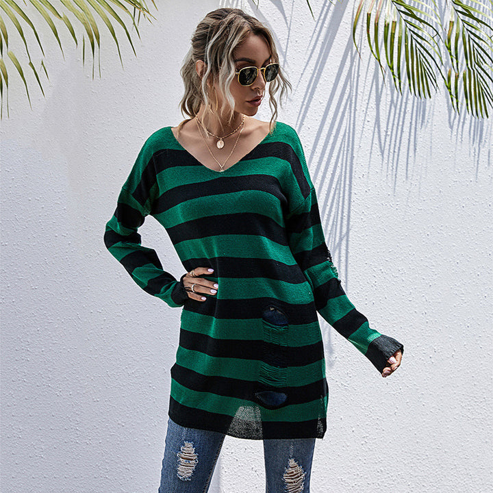 Casual sweater for women with asymmetrical neckline and striped design Lune London