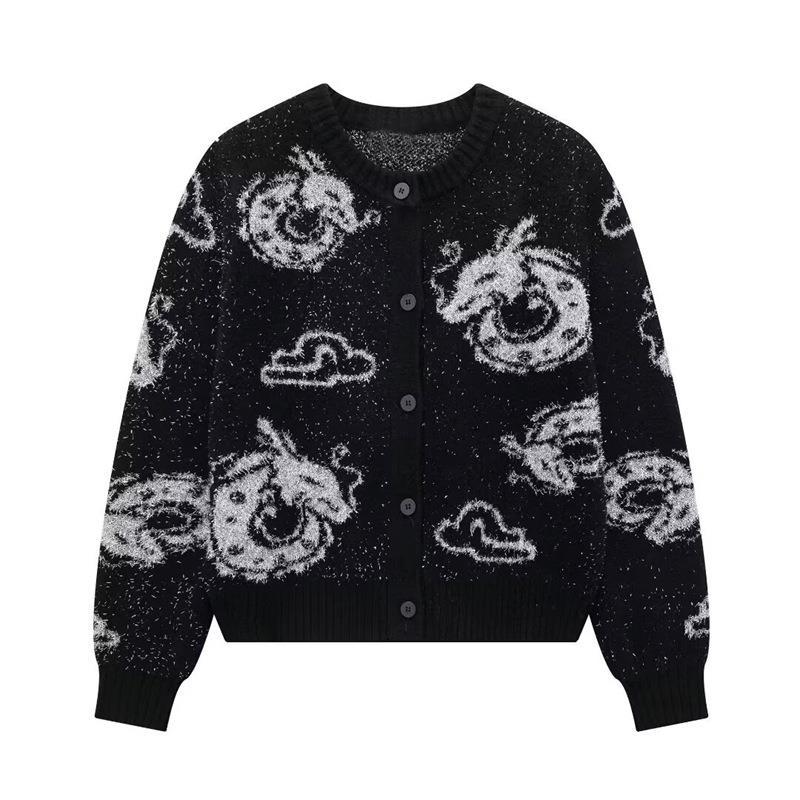 Women's knitted jacket with unique dragon pattern and button placket Lune London