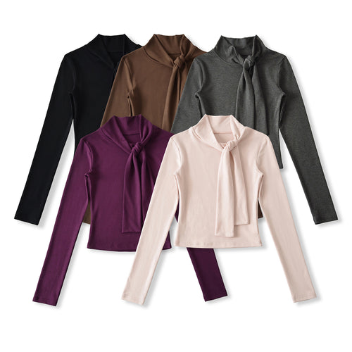 Long sleeve women’s t-shirt with an elegant wrap neckline and a feminine bow look Lune London