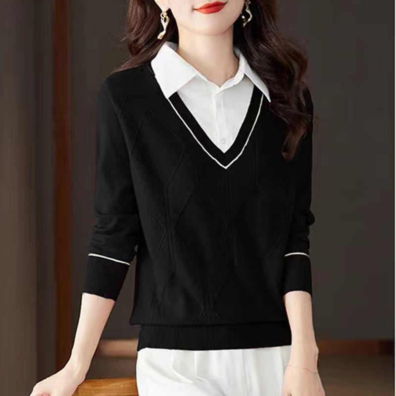 Women's knit sweater with V-neck and textured diamond pattern Lune London