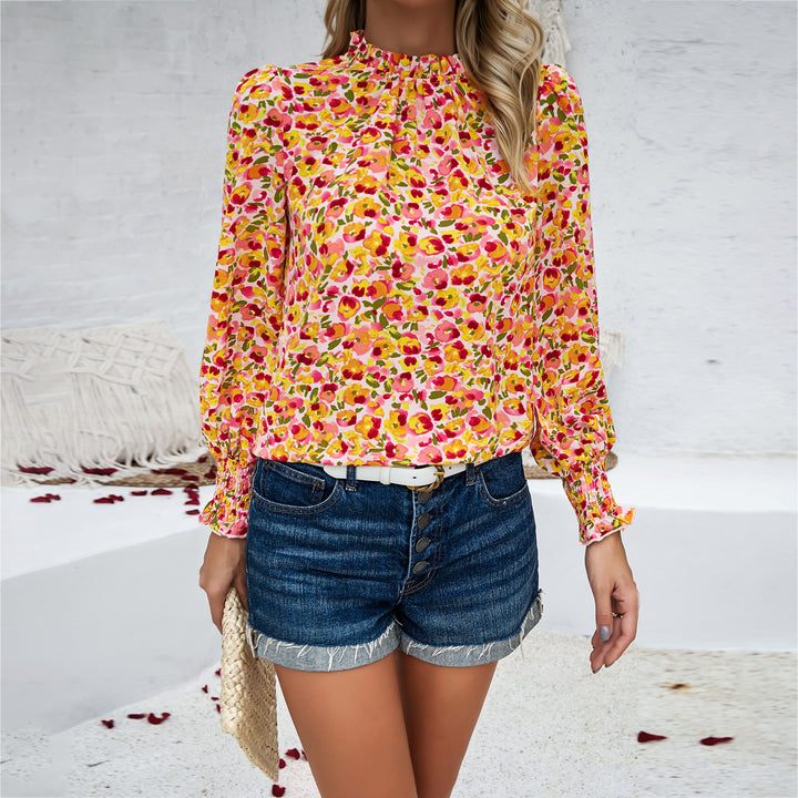 Women's shirt with floral appliqués and elegant ruffles Lune London