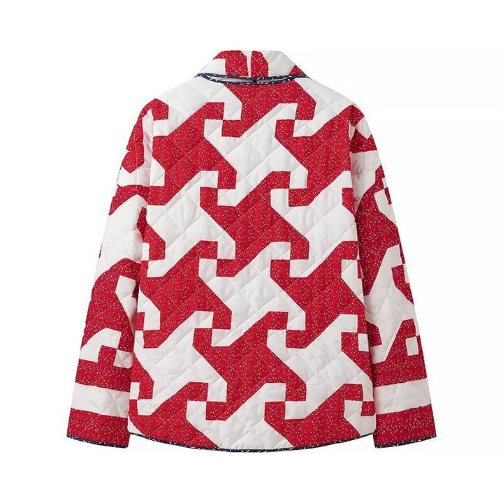 Quilted jacket for ladies with modern geometric pattern and open cut Lune London