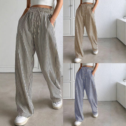 Wide striped pants for ladies with elastic waistband and pockets Lune London
