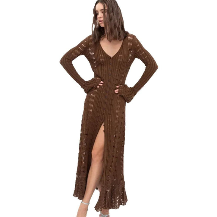 Knit dress for women with voluminous sleeves and a refined crochet pattern Lune London