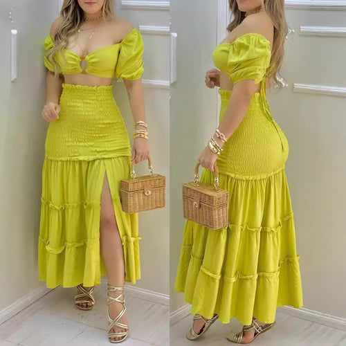 Ladies two-piece with gathered details and a high slit Lune London