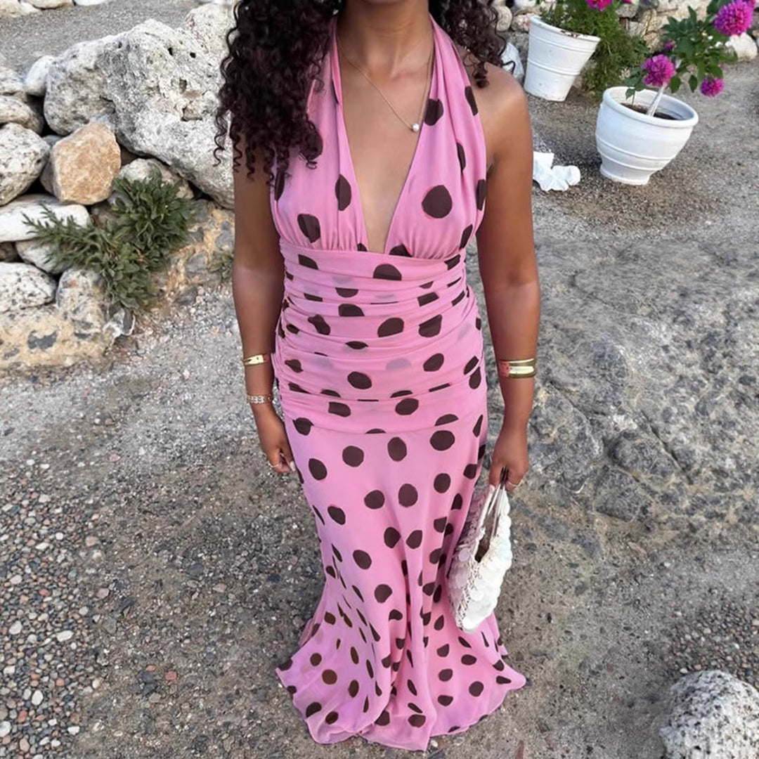 Women Elegant Maxi Dress with Polka Dots and Deep V Neck Lune London