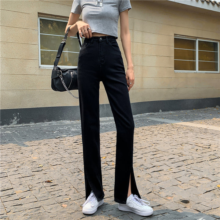 Pantalon en denim taille haute pour femmes avec fentes latérales Chic & Stil
