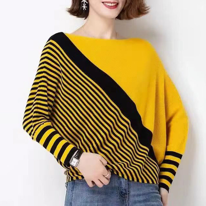 Fashionable knitted sweater for women with asymmetrical cut and graphic striped pattern Lune London