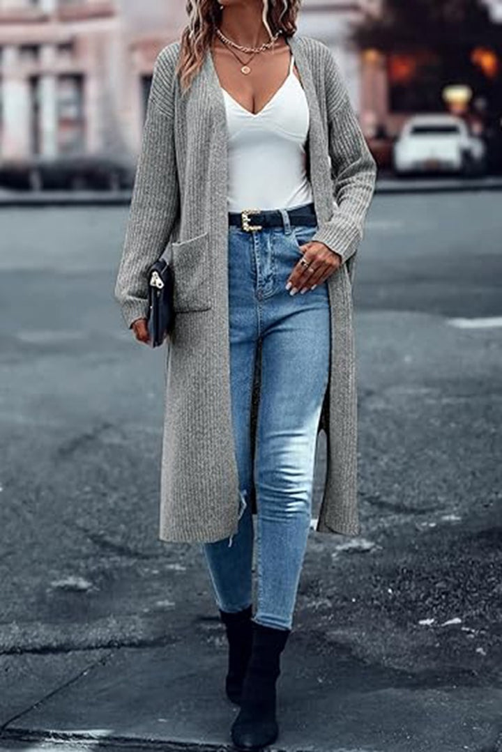 Woman Long knitted cardigan with deep pockets and open cut Lune London