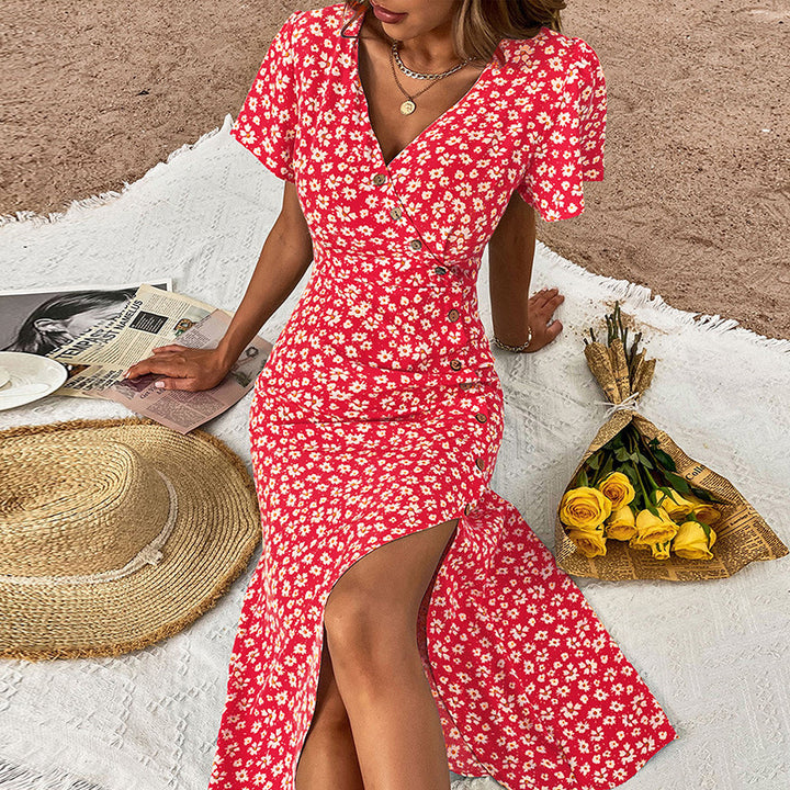 Floral button maxi dress for women with chic split top style