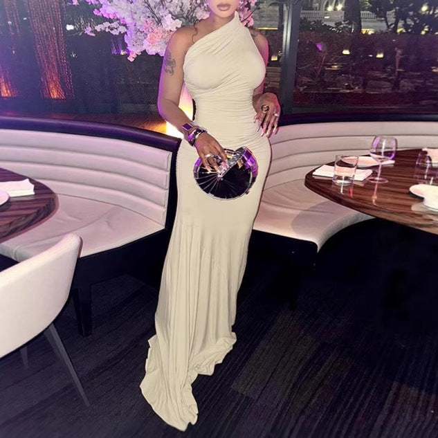 Ladies Elegant Maxi Wrap Dress with Asymmetrical Neckline and Luxurious Chic Cut