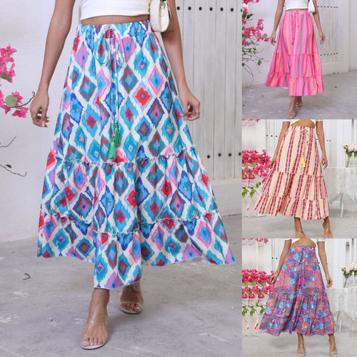 Long maxi skirt for ladies with a cheerful tiered design and elastic waistband Lune London