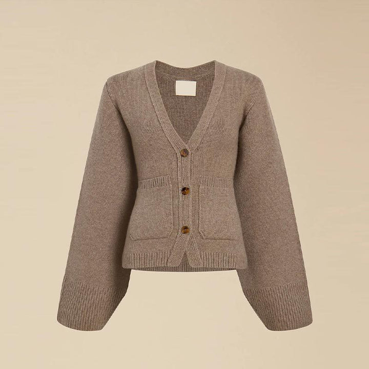 Knit jacket for women with deep V-neck and practical pockets Lune London