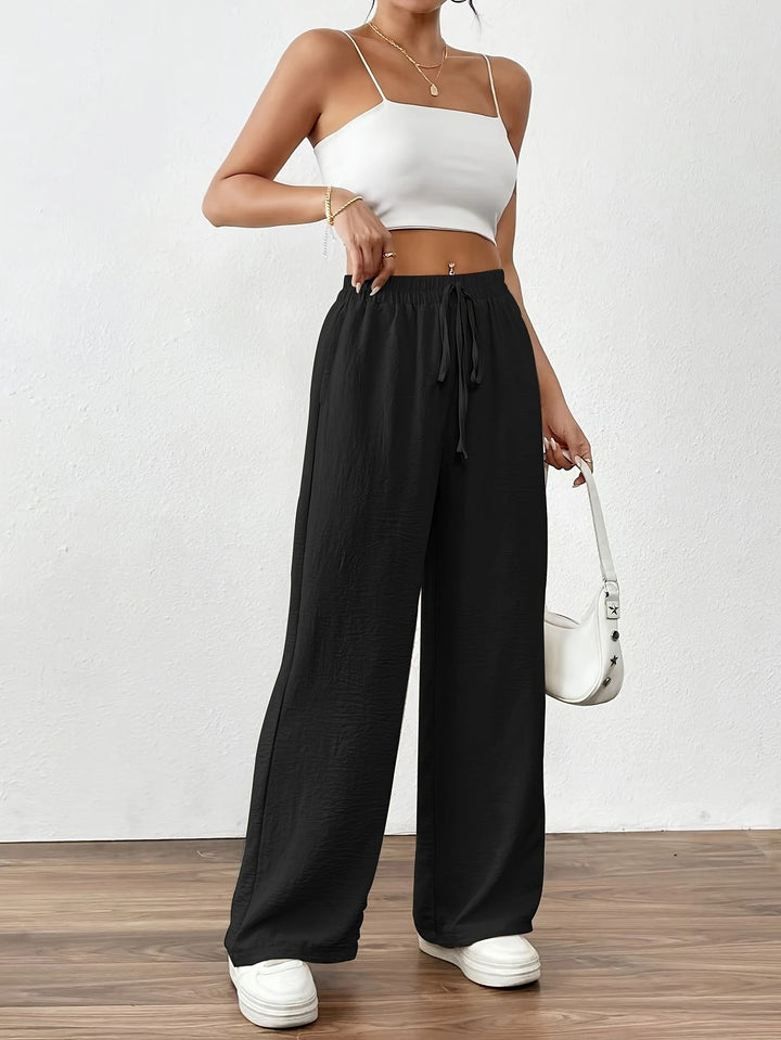Wide Palazzo pants for women with elastic waistband and adjustable tie cord Lune London