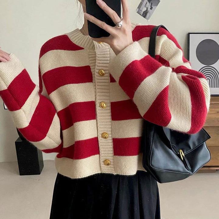 Women's knit jacket with decorative striped pattern and gold buttons Lune London