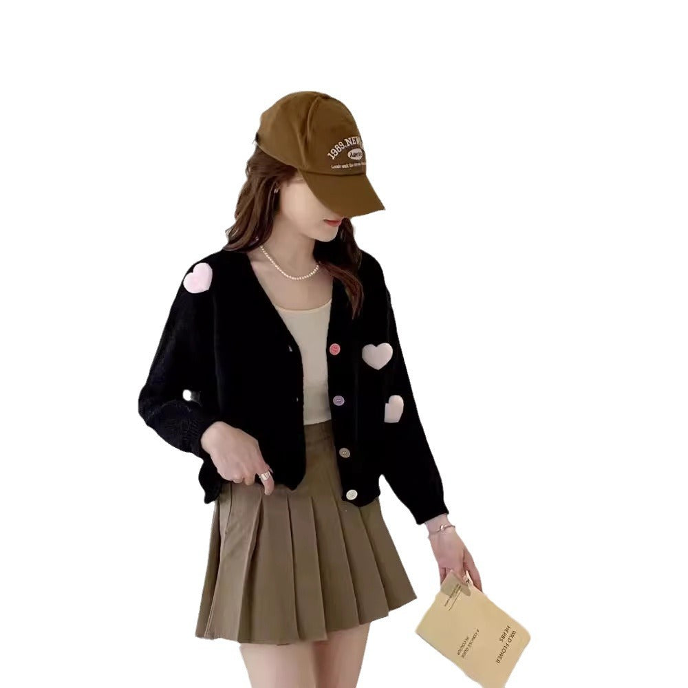 Women Comfortable Knit Jacket with Hearts and Colorful Button Details Lune London