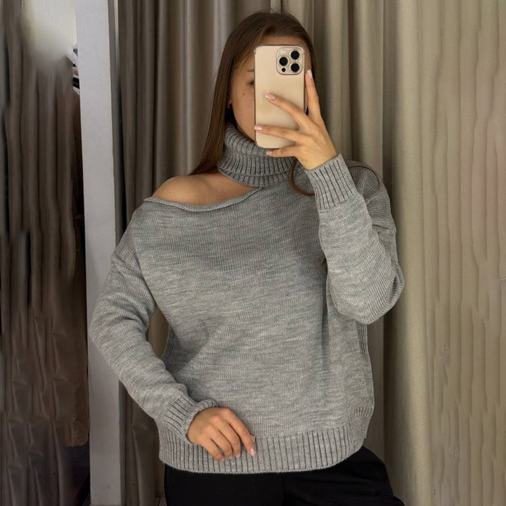 Oversized sweater for women with asymmetrical neckline and high collar Lune London