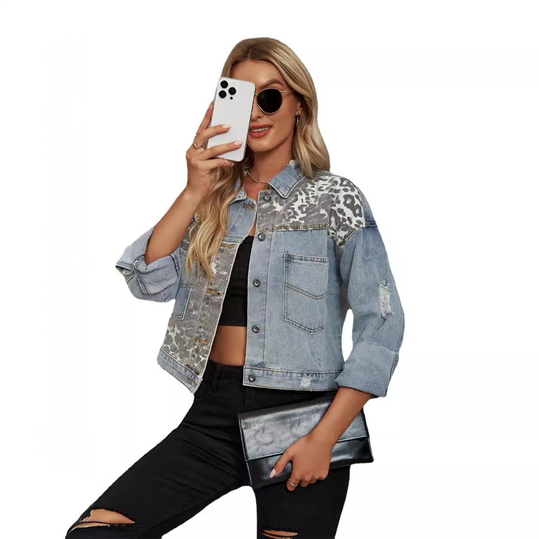 Denim jacket for women with contrasting animal print applications and a casual cut Lune London