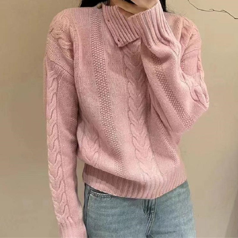 Chunky knit sweater for women with high collar and button details Lune London