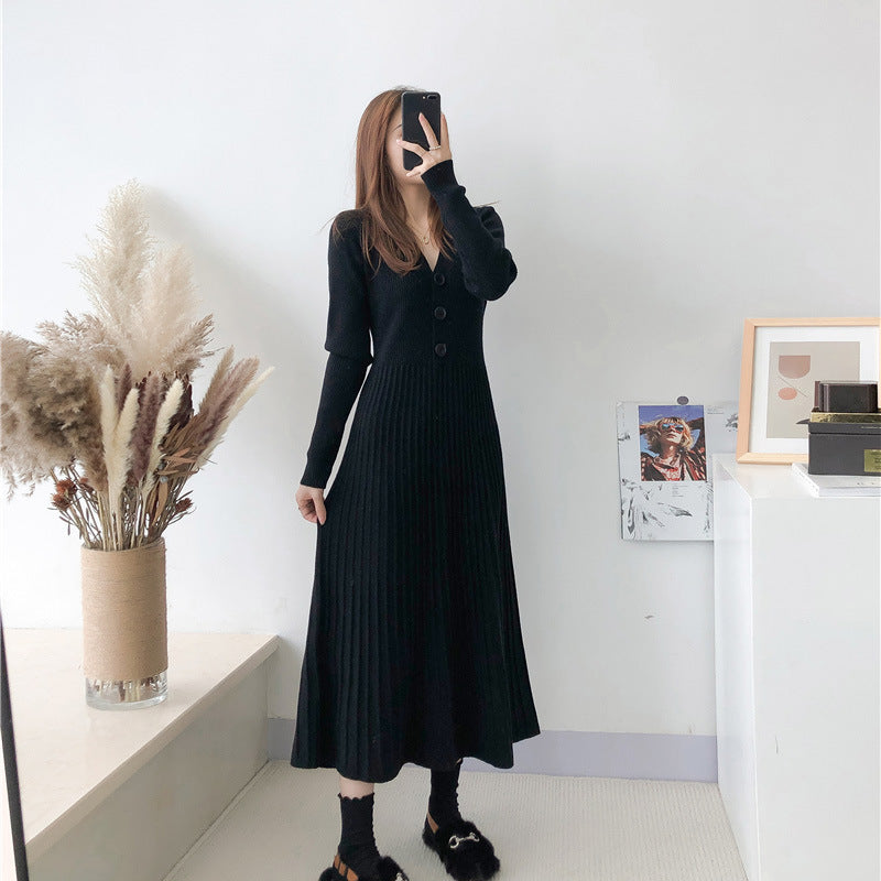 Knitted dress for women with V-neck and button details Lune London