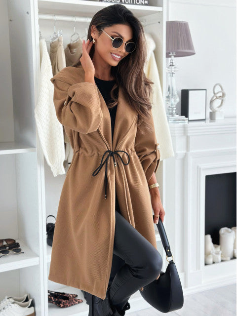 Mid-length fabric coat for women with hood and belt at the waist Lune London