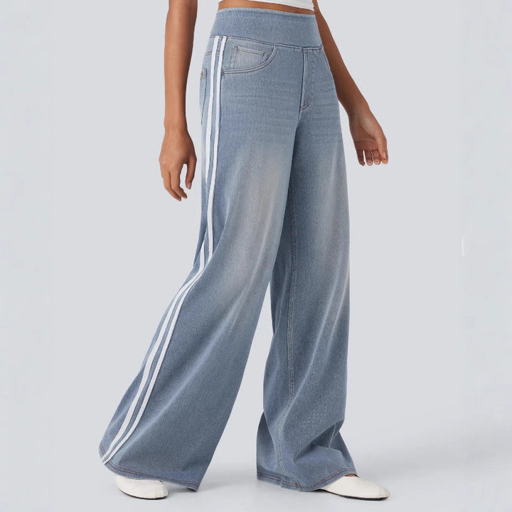 Pantalons en denim à coupe large pour femmes avec rayure sur le côté Chic & Stil