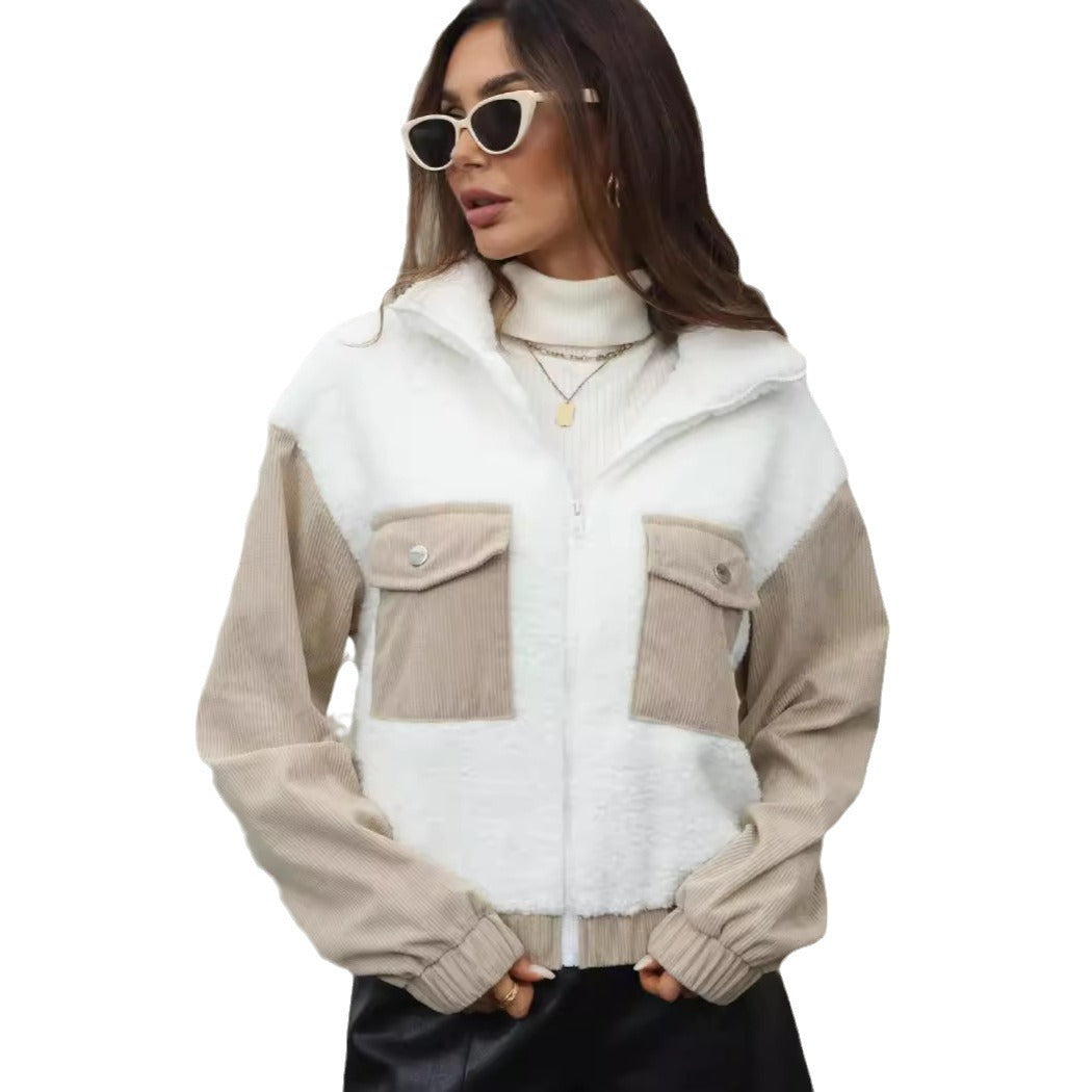 Fleece jacket for women with hood and trendy corduroy details Lune London