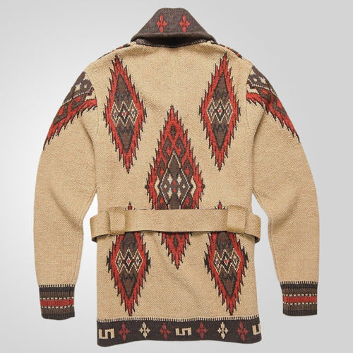 Knit jacket for women with artistic pattern and exclusive belt Lune London