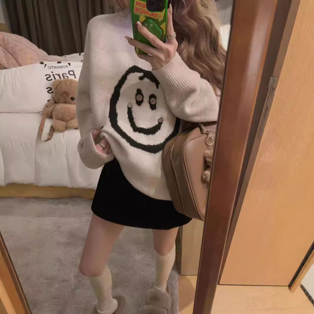 Casual knit sweater for women with happy Smiley pattern and modern cut Lune London