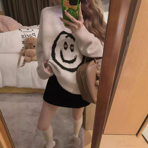 Casual knit sweater for women with happy Smiley pattern and modern cut Lune London